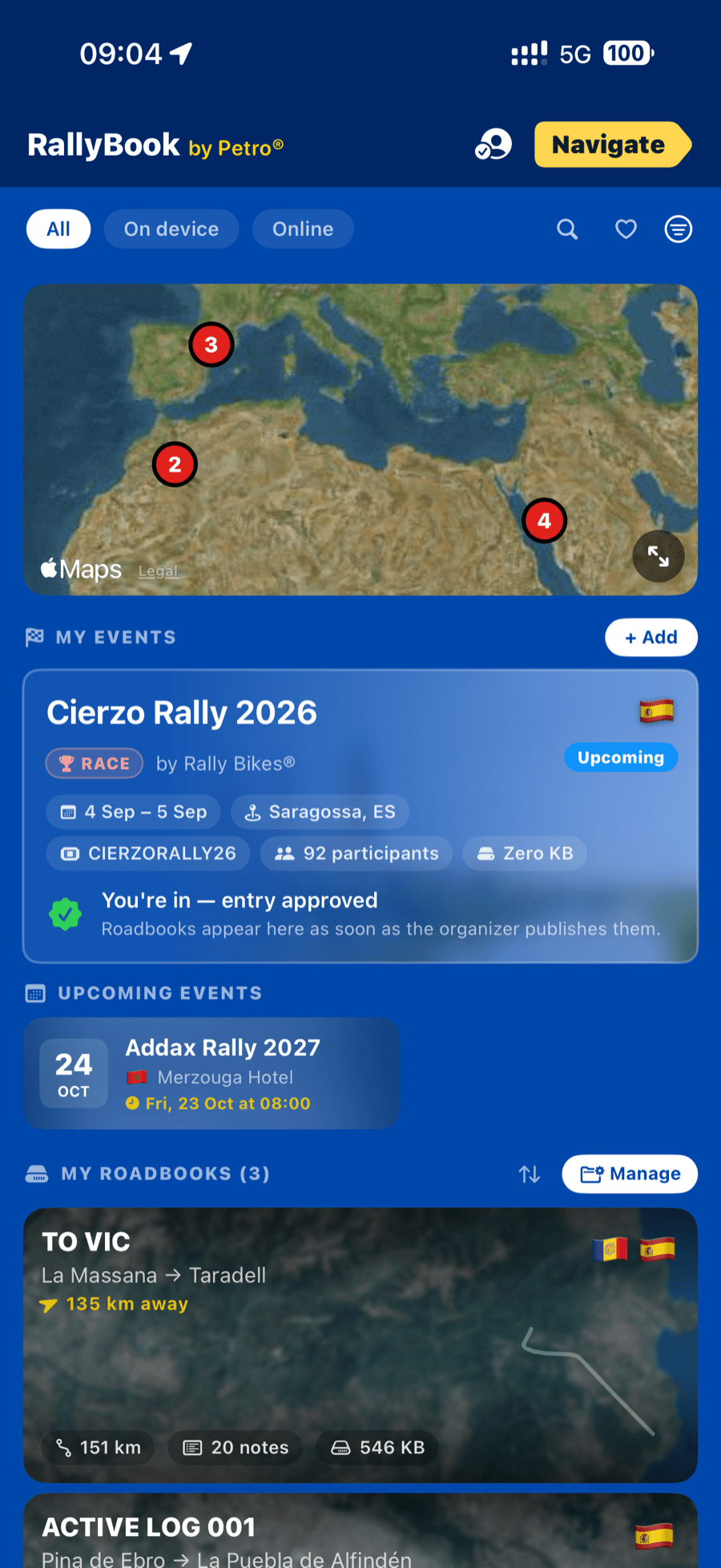 Discover / event feed with an event card and its roadbooks